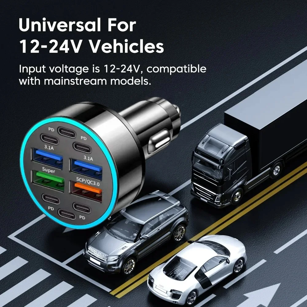 100 واط PD USB شاحن سيارة 10 في 1 سيارة ولاعة السجائر QC3.0 شحن سريع التوصيل شاحن هاتف السيارة فلاش تهمة مع شاشة ديجيتال