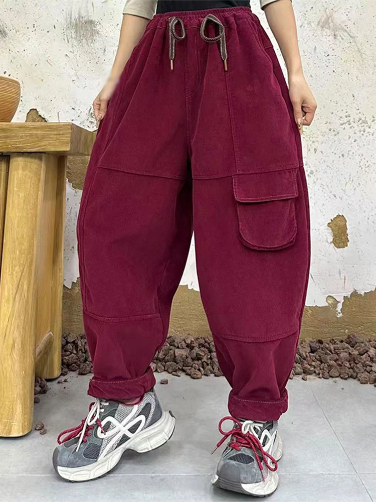 Amax LuluE, ropa de moda coreana, pantalones de piel Vintage holgados y cálidos para mujer, pantalones Harem clásicos informales con cintura elástica para invierno