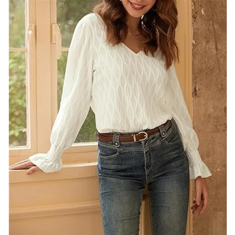 

2025 Spring and Autumn Fashion Solid Color V-neck Elastic Long Sleeve Knitted Top for Women's Clothing