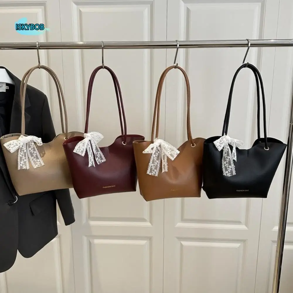 

Retro Solid Color Leather Tote Bag Large Capacity Korean Style Shoulder Bag Underarm Bag With Lace Ribbons Women Handbag Daily