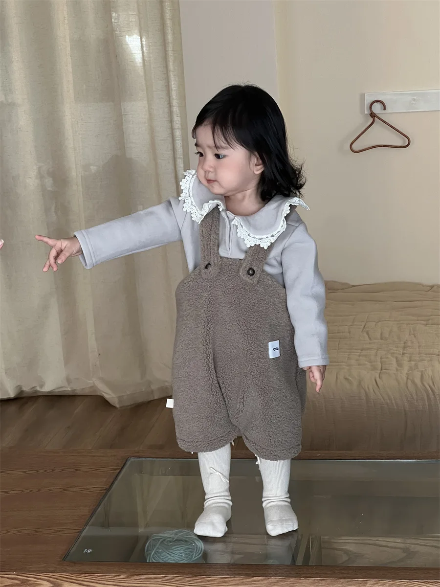 2024 Winter New Baby Sleeveless Plush Overalls Solid Infant Girls Strap Romper Plus Velvet Thick Newborn Toddler Warm Jumpsuit