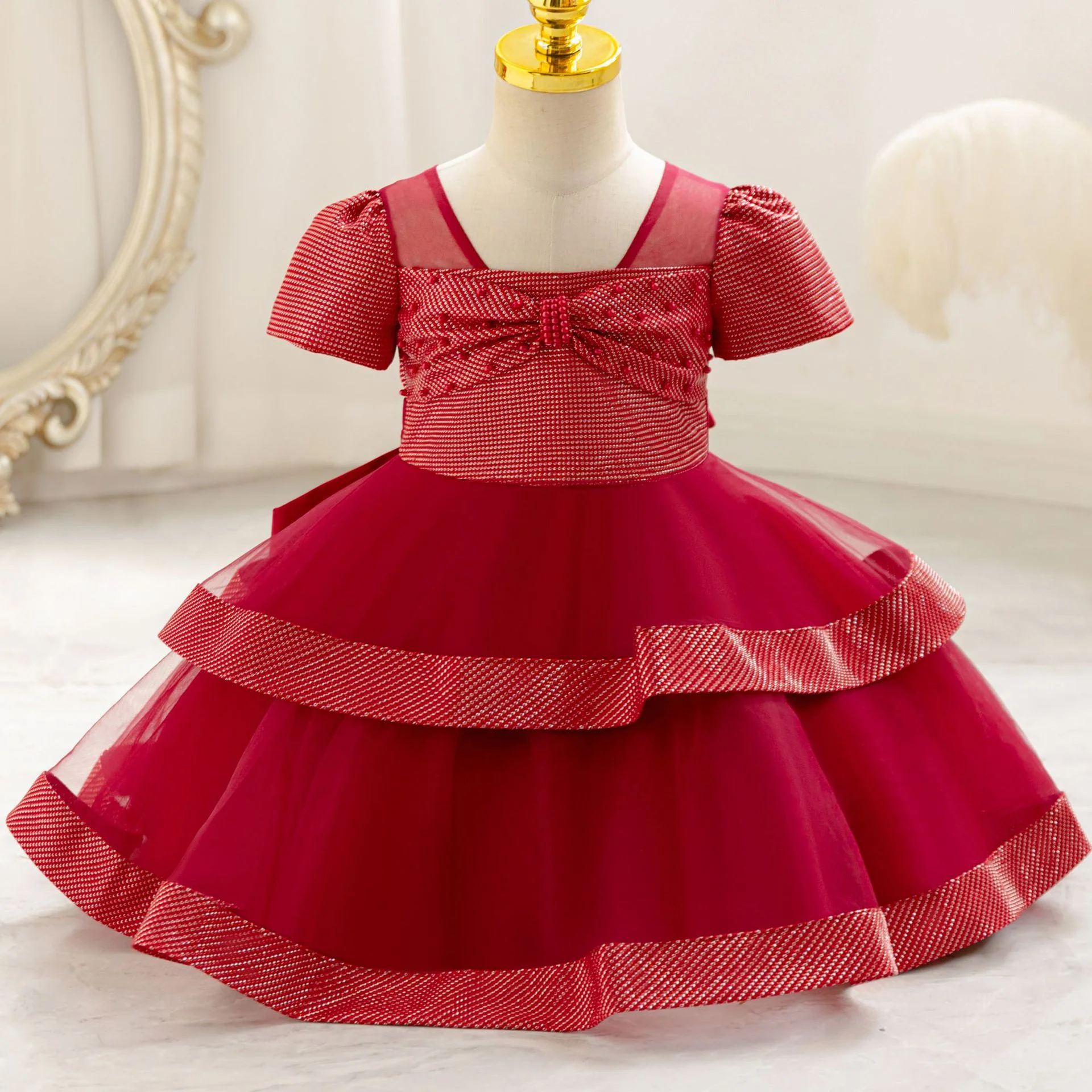 

Fashionable and elegant 4-12 year old girl bowknot short sleeve Children's Dress girls Christmas carnival birthday party dress