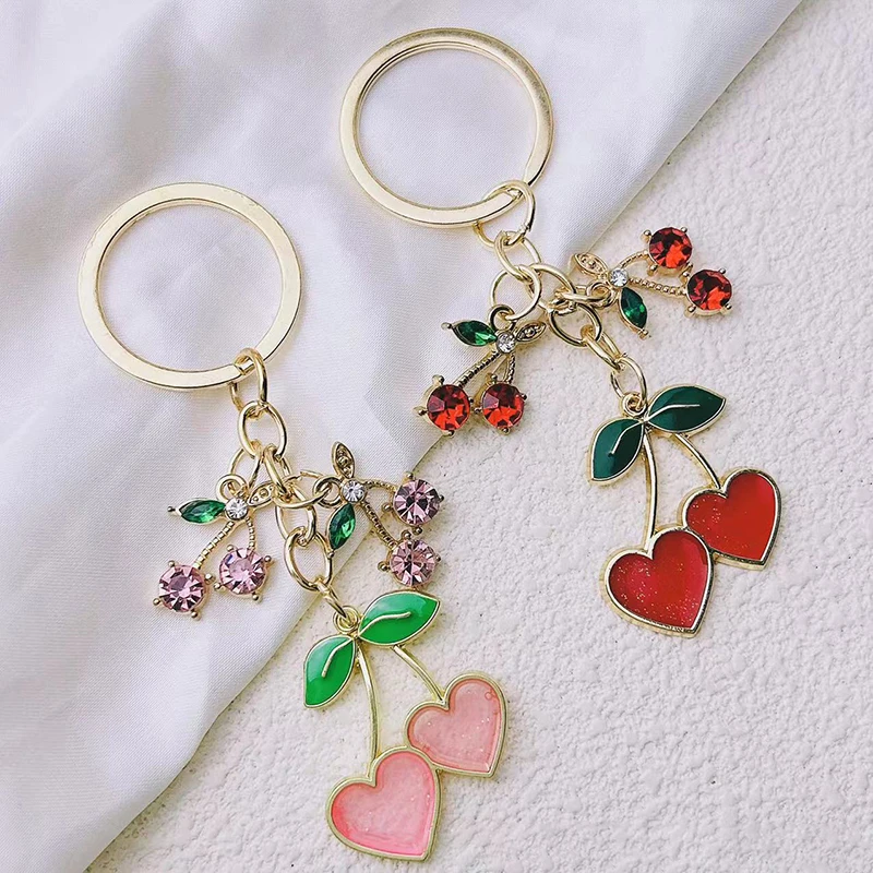 Cute Eanmel Keychains Lovely Hearts Cherry Fruit Key Rings For Women Girls Bag Pendant Diy Jewelry Accessories