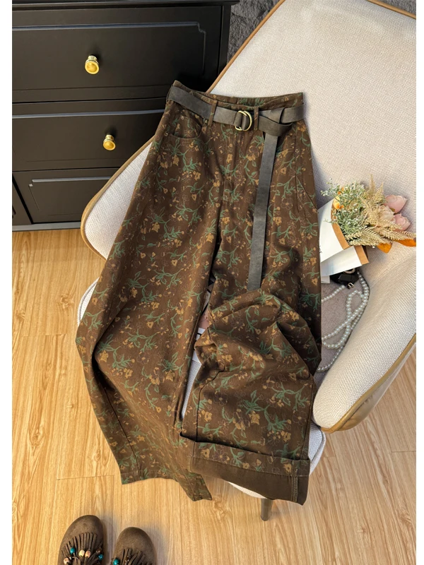 

Широкие брюки свободного кроя с цветочным принтом, высокая талия, застежка-молния, удобные для повседневной носки, осенний сезон