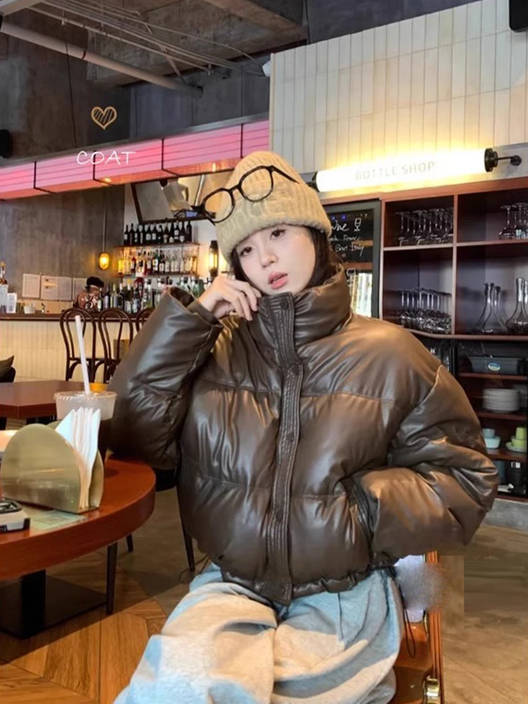 

Американская ретро-куртка из хлопка для женщин, короткое пуховое пальто из искусственной кожи, модная верхняя одежда в стиле оверсайз