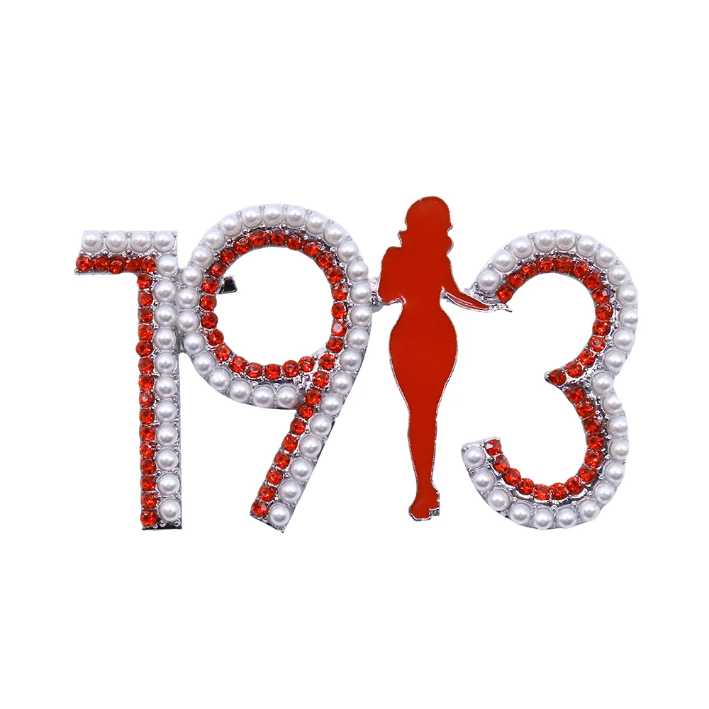 New Design Sparking Rhinestone Pearl Social Club Red Fortitude Lady 1913 Pin DST DELTA Brooch Jewelry Custom
