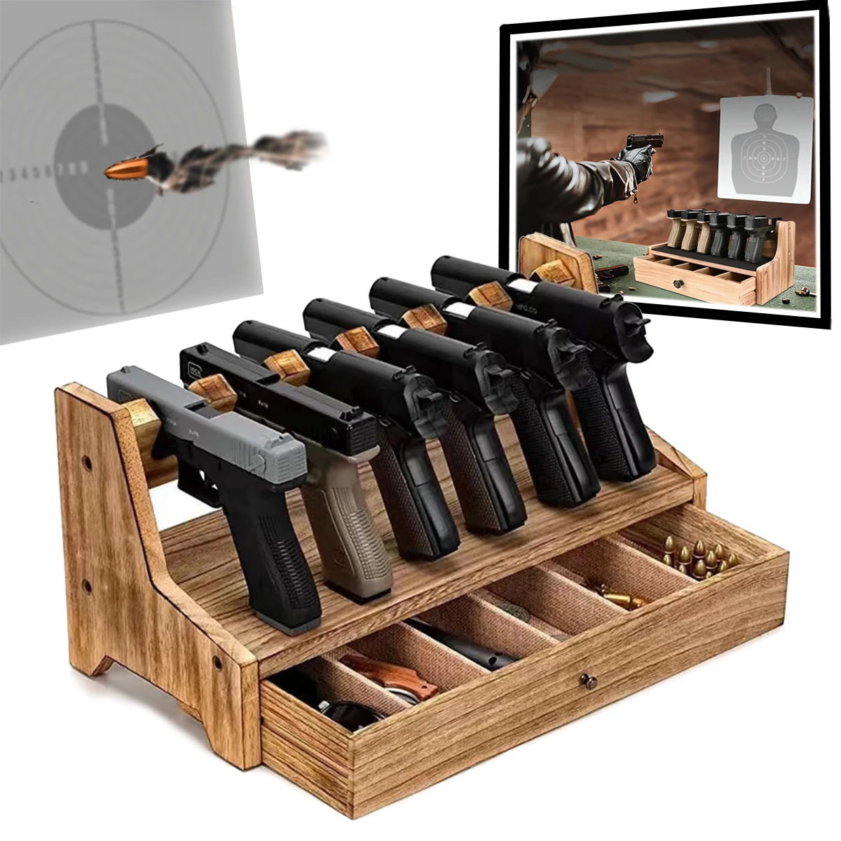 Pistol Rack for Handgun Gun Display Wood Gun Rack Holder for Gun Safe with Drawer Indoor Pistol Stand for Gun Cabinets, Desk