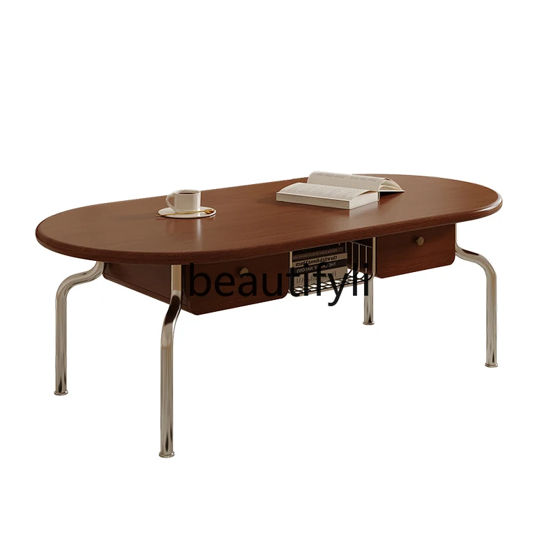 French retro solid wood coffee table living room household small apartment tea table American simple oval coffee table