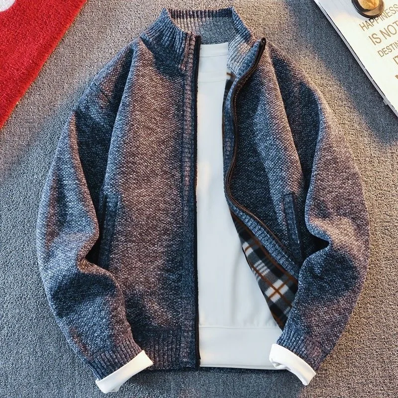 

Thiened повседневный вязаный кардиган мужской воротник-стойка Fce на подкладке зимний теплый модный городской свитер с длинной свечой на молнии