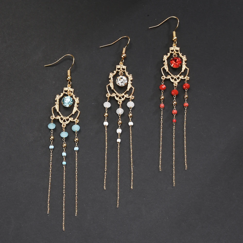 Quality Fashion Jewelry Classic Charming Inlaid Crystal Fine Handmade Beading Long Tassels Retro Earrings Women's Daily Gifts