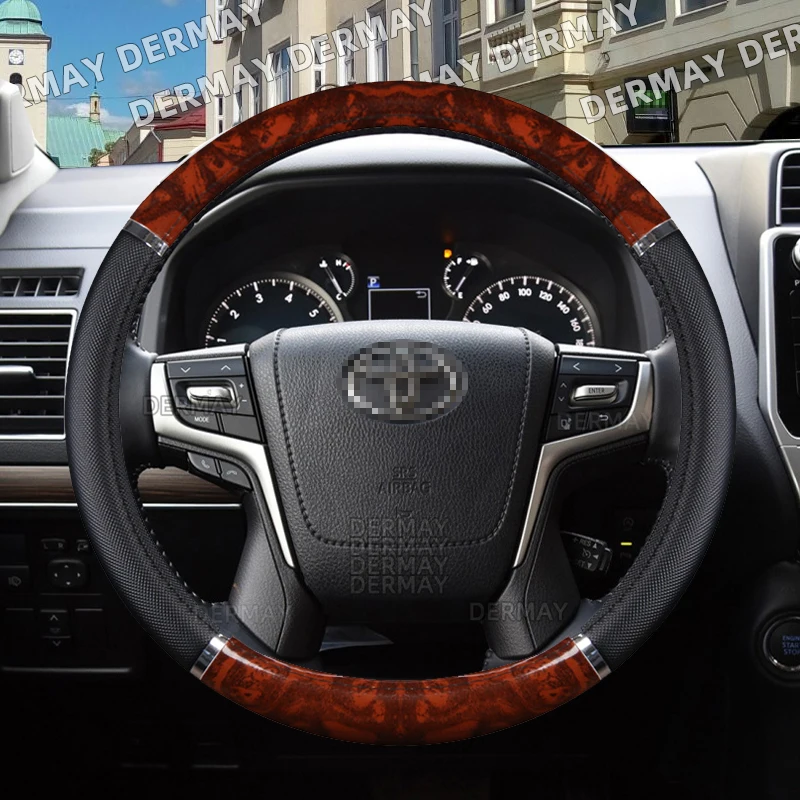 for Toyota Land Cruiser Prado FJ Cruiser Car Steering Wheel Cover Non-slip Mahogany Wood Grain PU Leather Auto Accessories