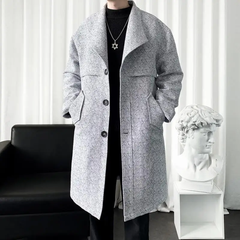 

2023 Jacquard Weave Mens Long Woolen Coats Oversized Tweed Winter Windbreaker Korean Style Casual Wool Blends Outwear Y73