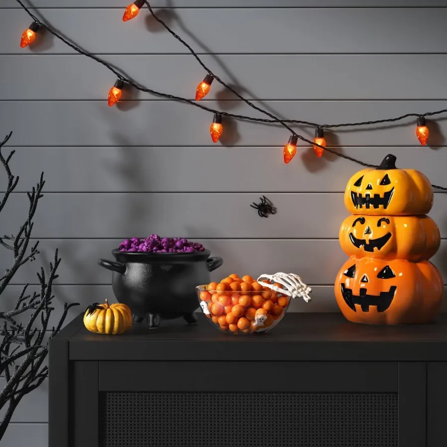 Orange Stacked Halloween Pumpkin Cookie Jar, 77.5 fl oz Large Capacity, Festive Treat Storage Canister, Fall Holiday Kitchen & Tabletop Decoration