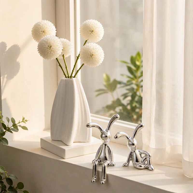 Vase with 5Pcs White Pom Pom Chrysanthemum Artificial Flowers Nordic Floral Decor Set for Living Room Bedroom