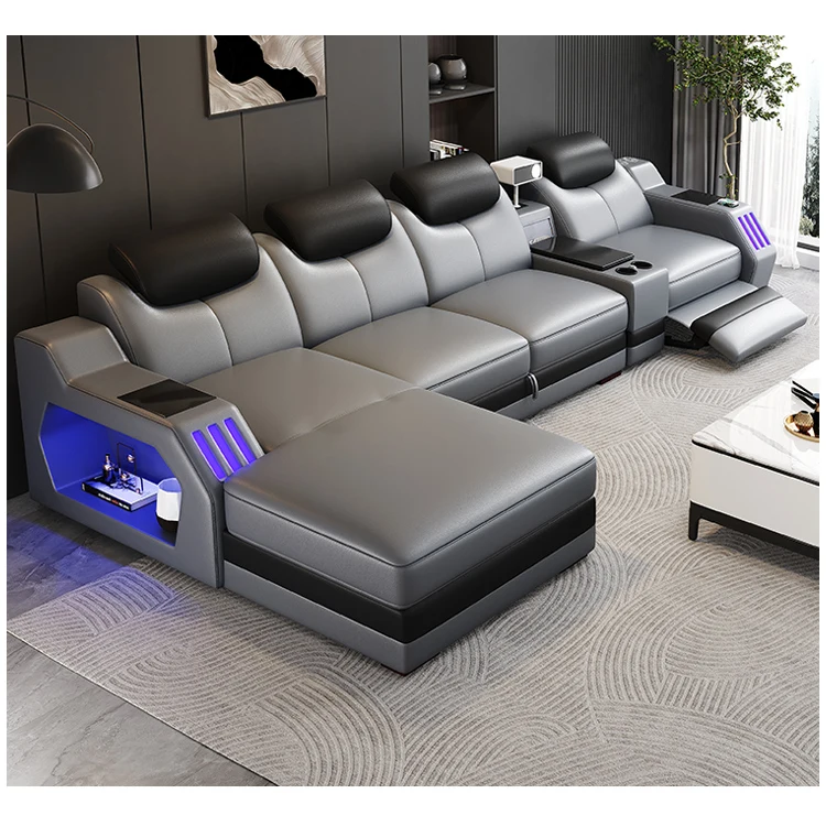 For Modern  L-Shape Sectional Genuine Leather Sofa LED Light and Storage Box Reclining Bed Section for Living Room Furniture