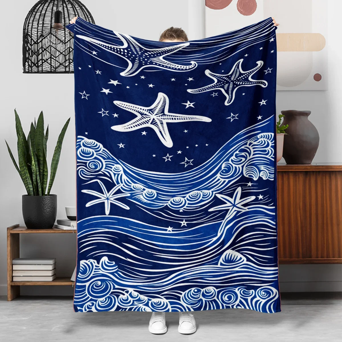 Nautical Ocean Waves Starfish Beach Night Blue Pattern Throw Blanket Cozy Home Decor Gift