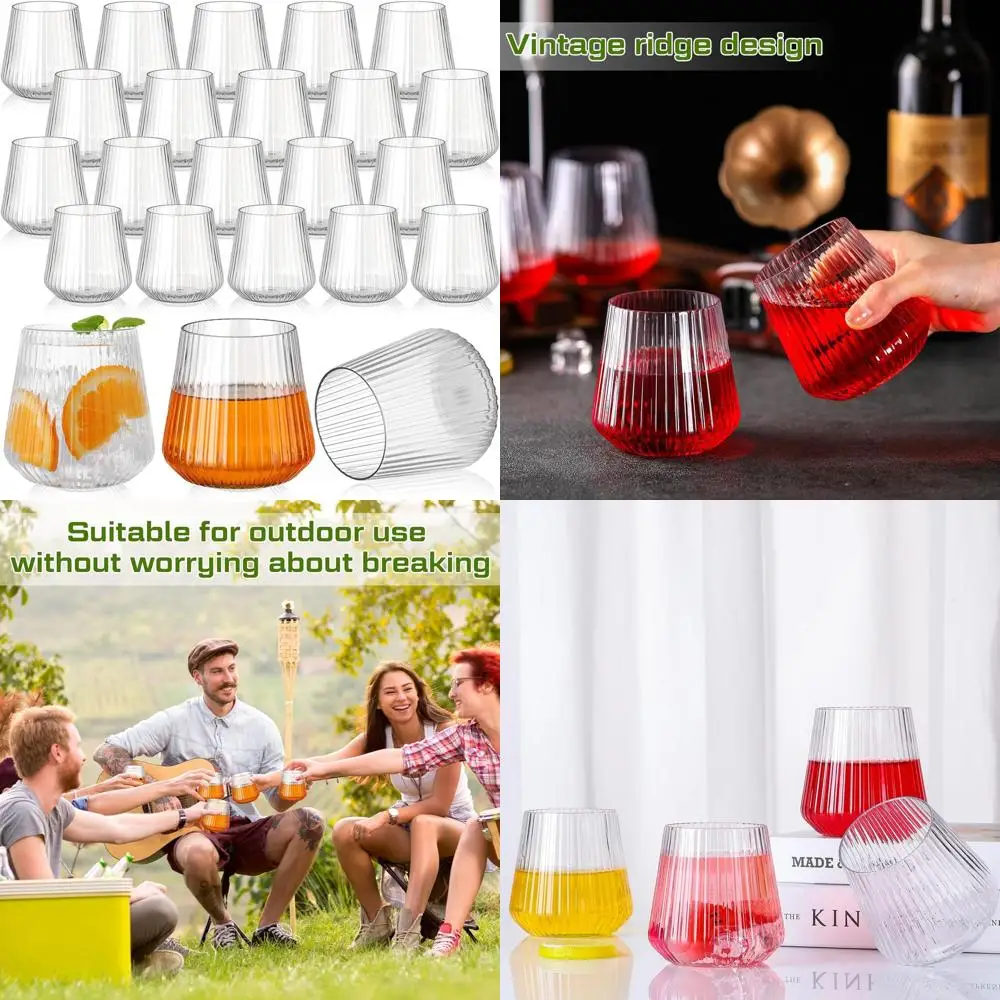 

Set of 60 Clear Plastic Stemless Wine Glasses - 14oz Ribbed Design for Outdoor & Indoor Use, Ideal for Parties and Events