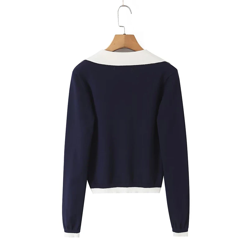 Autumn Ladies Color Block Fake 2‑Piece Knitted Top Lapel Collar V‑Neck Long Sleeve Cropped Casual Sweater