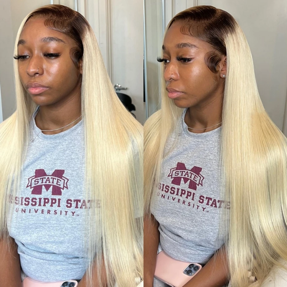 

Парик из натуральных волос 13x6 1B613 Ombre Blonde с кружевной передней частью, предварительно прорезанный, прямой, цвет 613 блонд с темными корнями, фронтальный парик