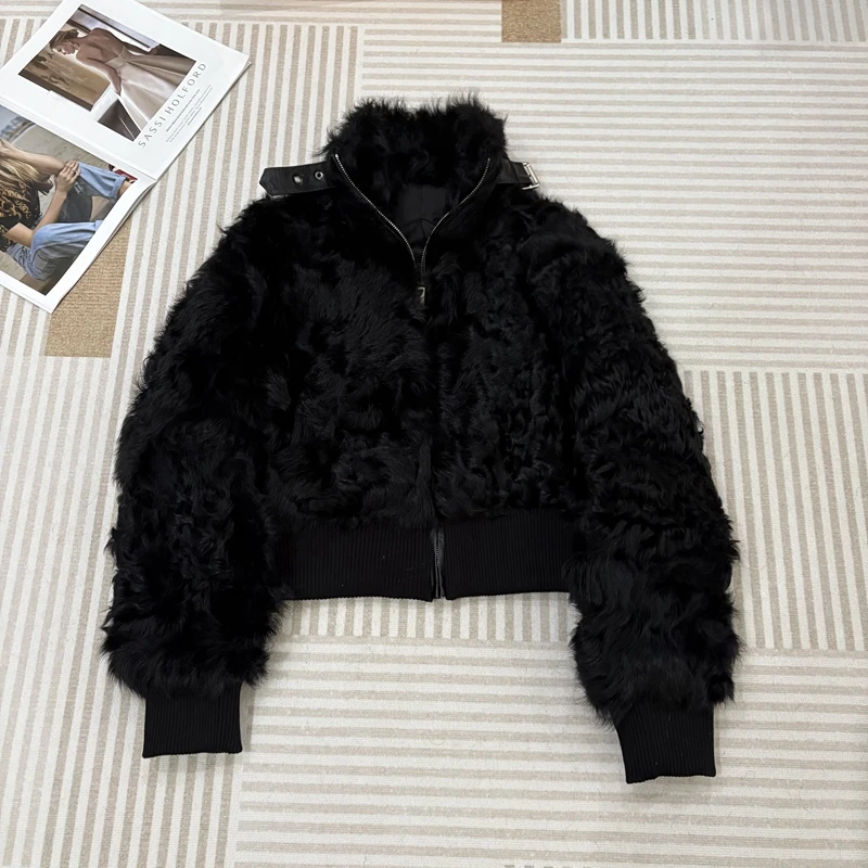 

l Lamb Fur Jaet Women's Coat Inteated Design Long Sve ort Sle Zipper Closure No Hat Included Faionable Out...