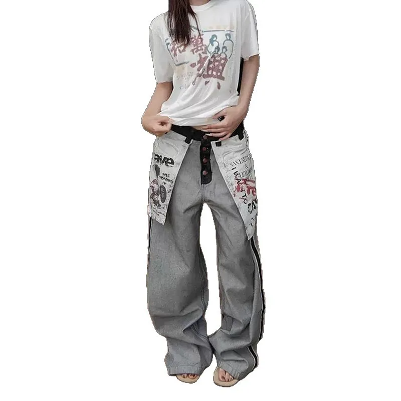 ONE TO WAN Women's Grey Gothic Y2k Oversize Jeans Harajuku Vintage Baggy Denim Trouser 2000s Style Boyfriend Jeans Pants Summer