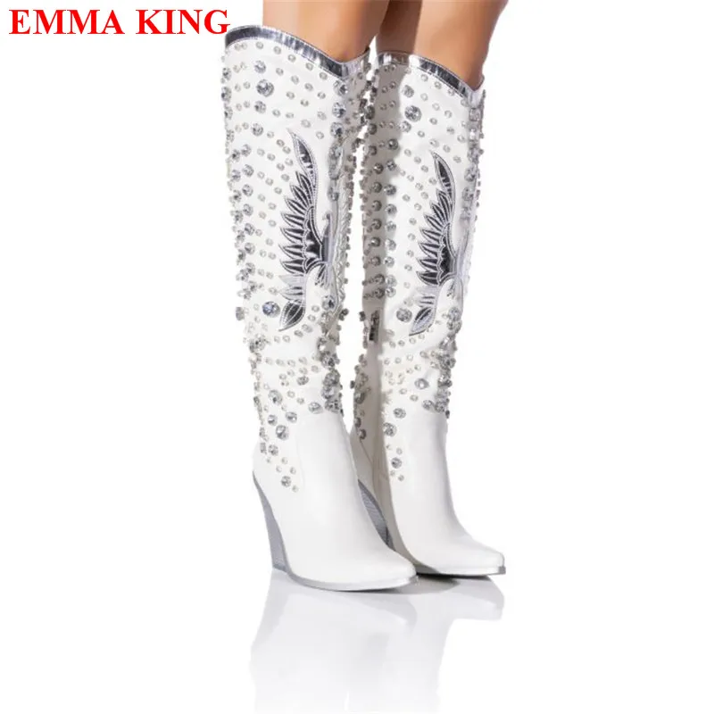 Women Knee High Boots Autumn Winter Rhinestone Diamond Western Boots Woman Fashion Cowboy Botas Mujer Chunky Heel Ladies Shoes