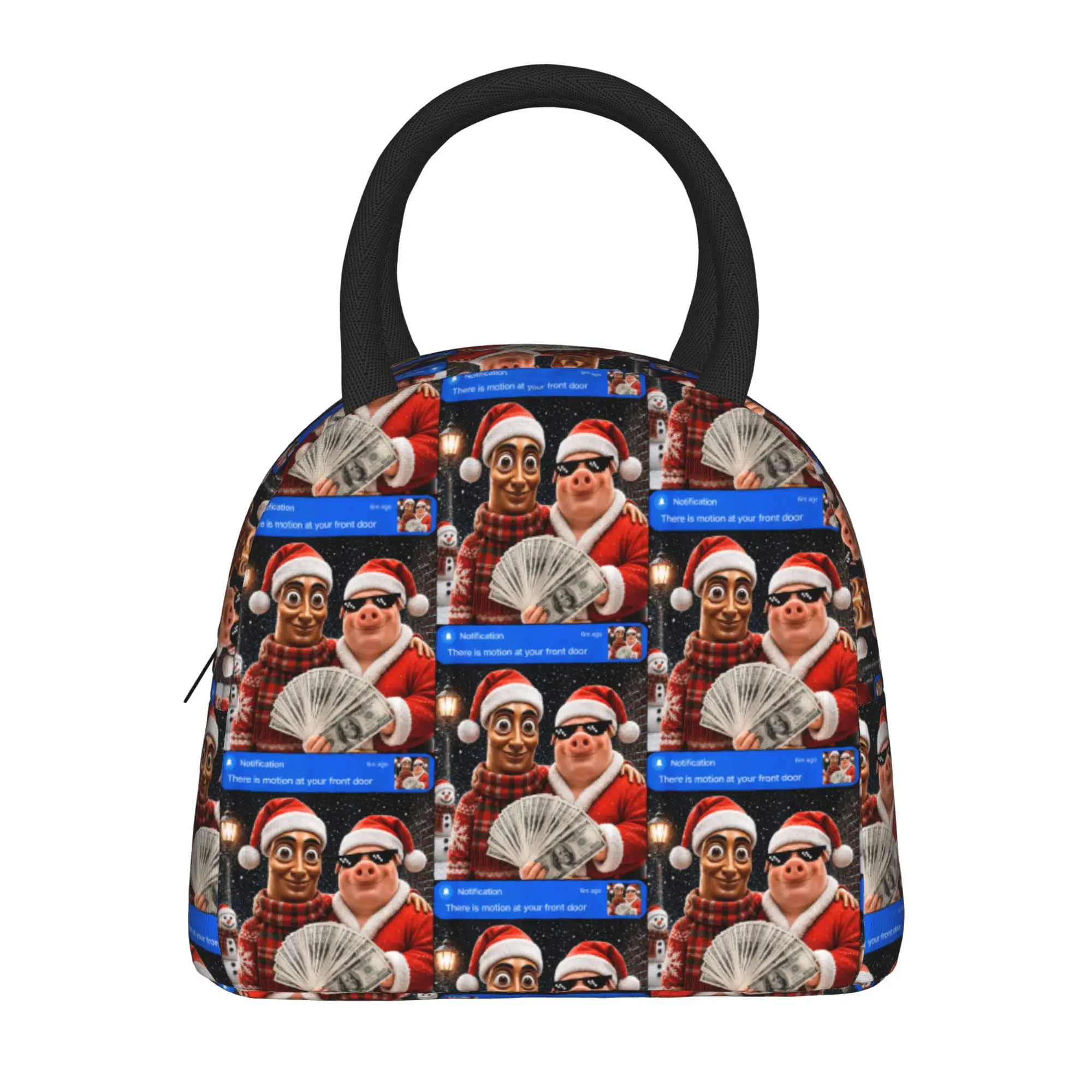 John Pork and Tung Tung Sahur Front Door Motion Chirstmas Lunch Bag Casual Lunch Box For Women Outdoor Picnic Zipper Cooler Bag