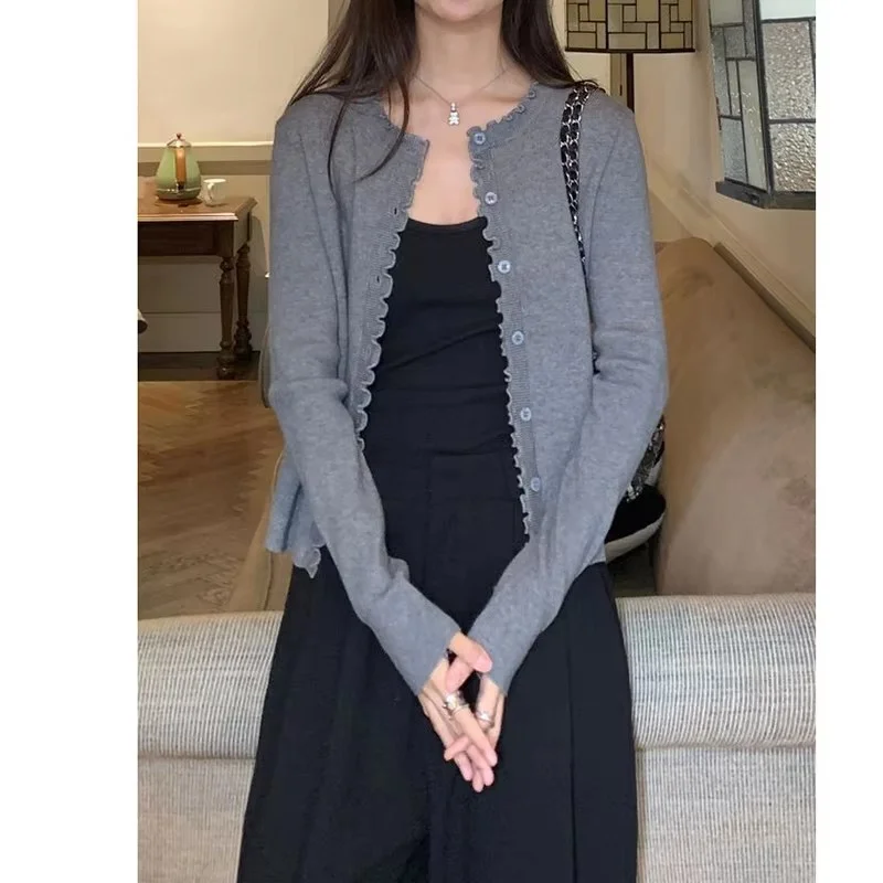 

Cropped Ruffle Knitted Cardigan Sweater Round Neck Button Down Cardigans