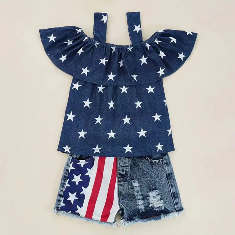 4th of July Girls Summer Outfit Denim Strap Top with Off-Shoulder Design and American Flag Shorts Patriotic 2-Piece Clothing Set