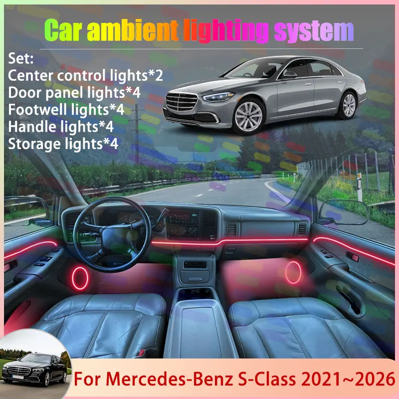 

Для Mercedes-Benz S-Class W223 2021 ~ 2026 2022 AMG 2/18 в 1, автомобильный атмосферный светильник, RGB абажур, ансамбль, стример, атмосферный набор