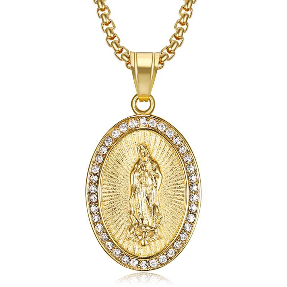 Hip Hop Iced Out Bling Virgin Mary Pendant Necklaces Female Gold Color Stainless Steel Madonna Necklace For Women Jewelry Gift