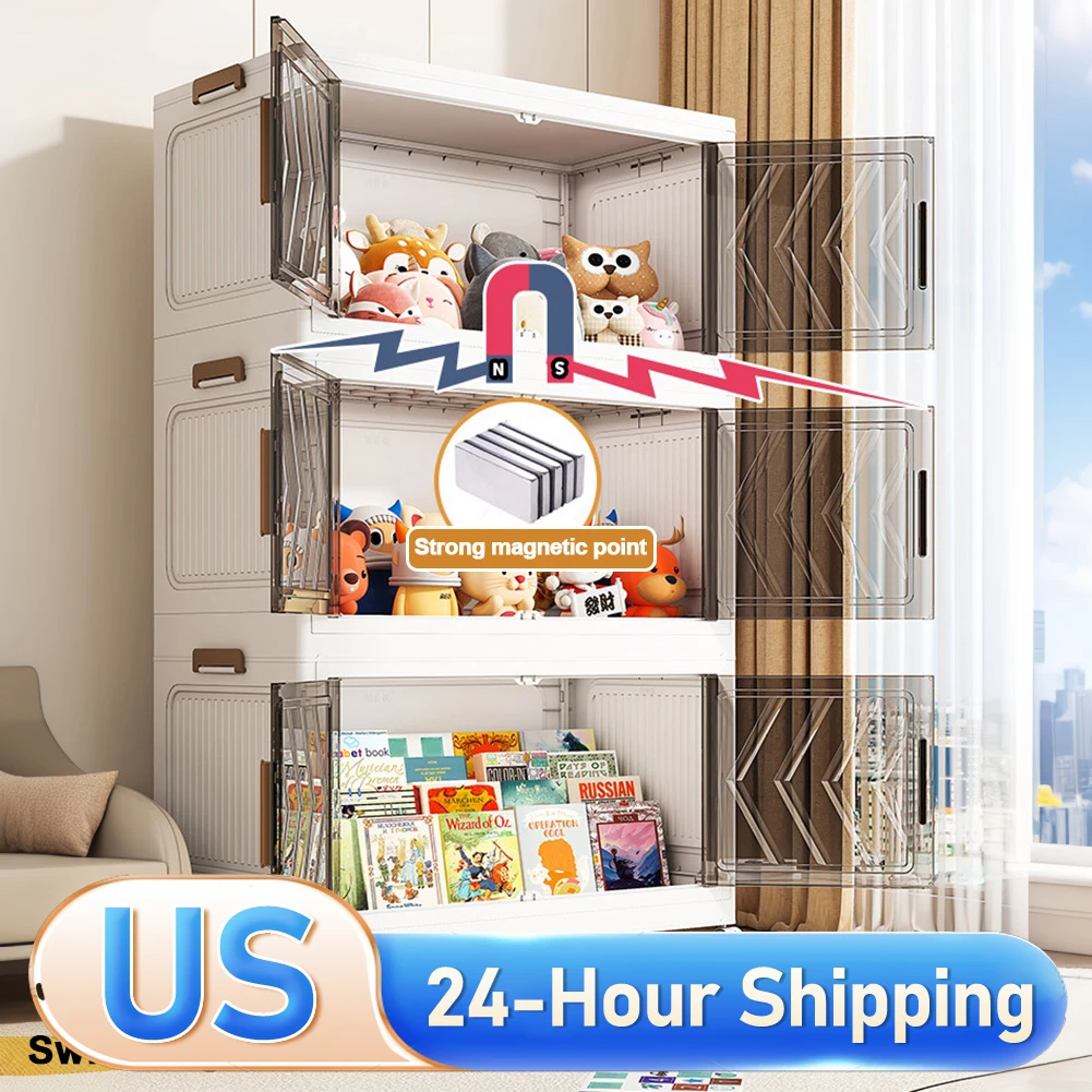 

4 Tier Folding Storage Boxes with Doors & Wheels Plastic Storage Containers Foldable Organization for Living Room Bedroom Office