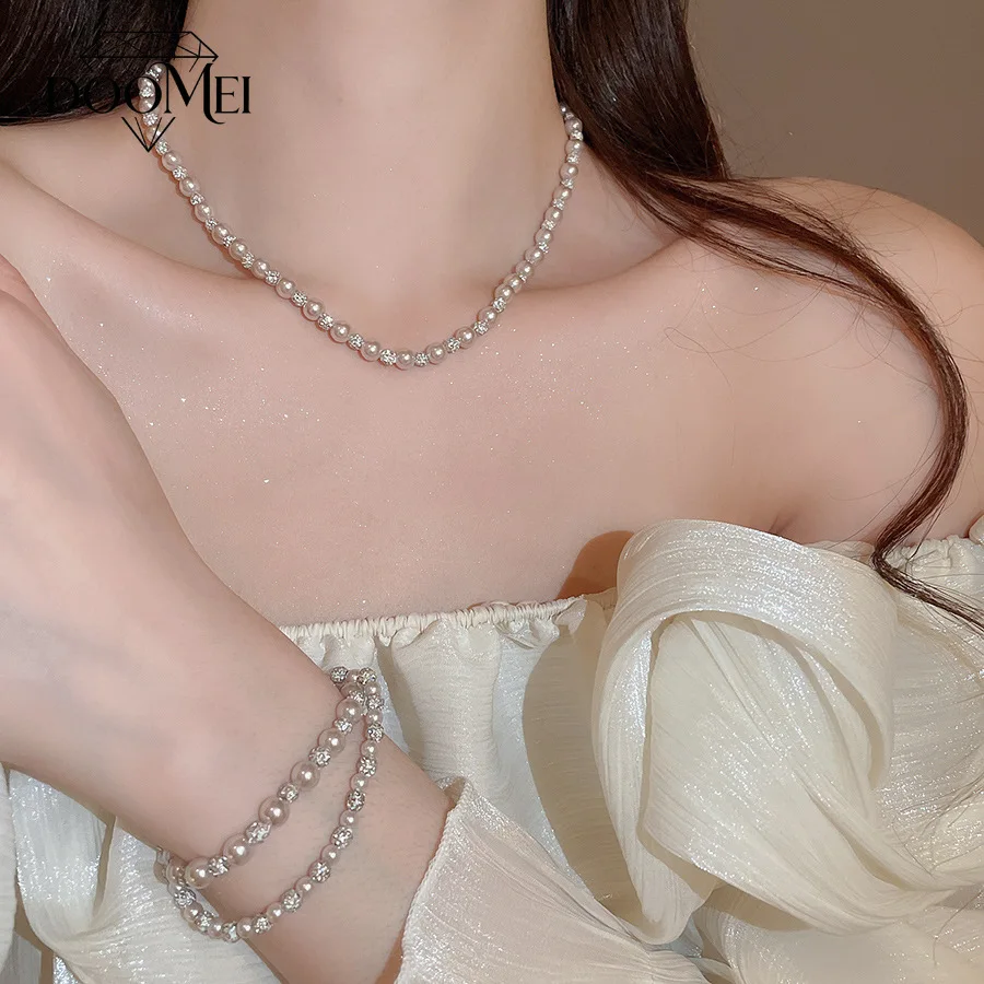 DOO MEI Elegant Pearl Rhinestone Necklace Jewelry Set For Women Beaded Necklace Stackable Bracelets Ring Wedding Party Jewelry