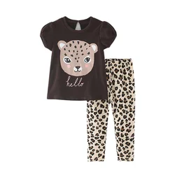 Jumping Meters Leopard Girls Clothing Sets Kids Suits 2 Pcs Tops + Leggings Baby Costume Summer Short Sleeve Kids Wear Outfits