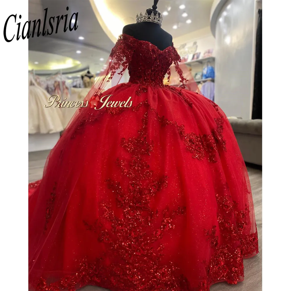 

Red Sequined Appliques Flowers Ball Gown Quinceanera Dresses Off The Shoulder Ribbons Ruffles Corset Sweet Vestidos De XV Años