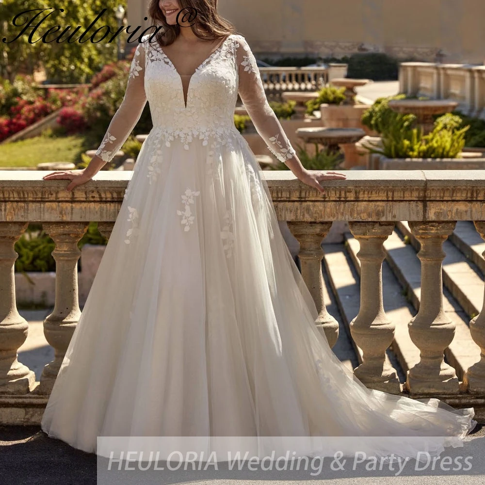 

HEULORIA plus size wedding dress long sleeve v neck lace bride dress A line Robe De Mariee Wedding Bride Dress
