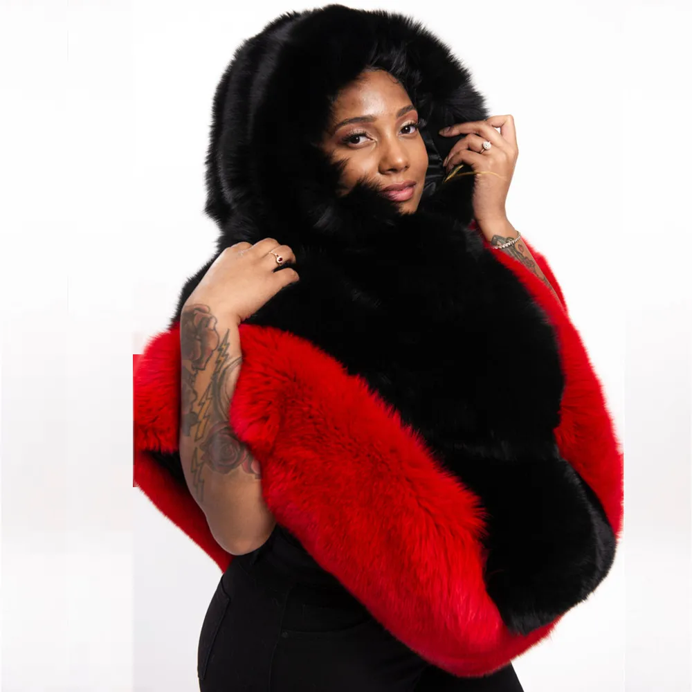 Genuine Contrast Color Fox Fur Cloak Coat Women Streetwear Winter Thicken Casual Outertwear Sleeveless Real Fur Jacket Female