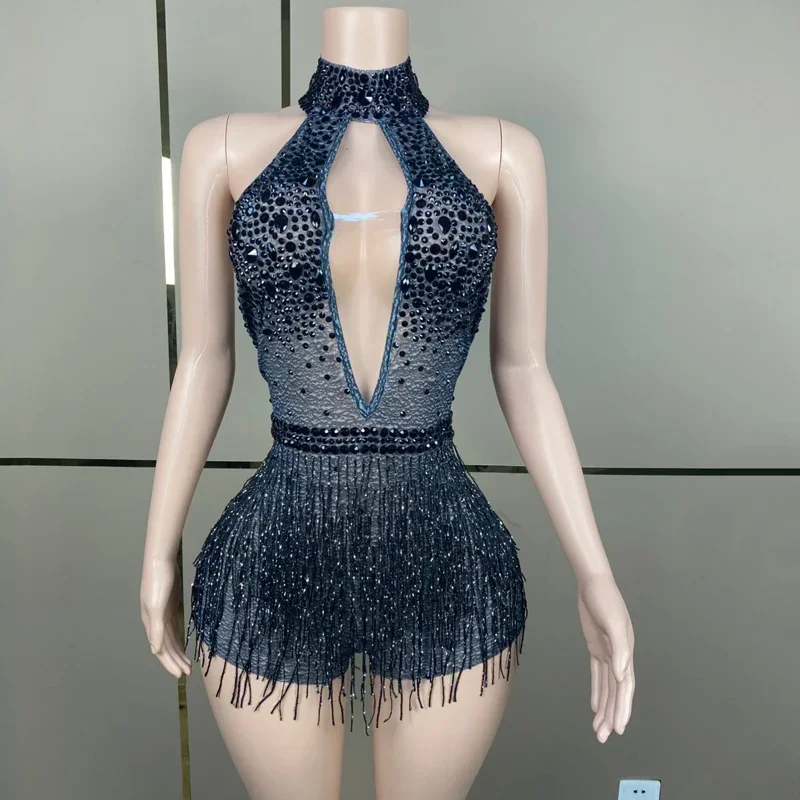 섹시한 홀터 폴댄스 의상 블랙 라인스톤 프린지 바디수트 여성 나이트클럽 DJ DS 무대 레이브 의상 XS7484