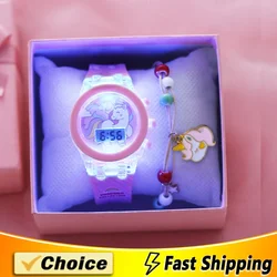 Unicorn Girls Watches with Bracelet Box Silicone Strap Flash Light Children Watch Women Clock