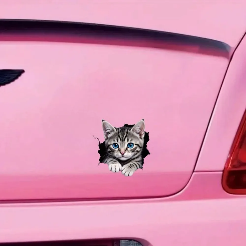 2D Flat Decal Adorable Gray Tabby Cat with Bright Eyes And Black Stripes Peering Through a White Outlin Vintage Car Laptop Wi
