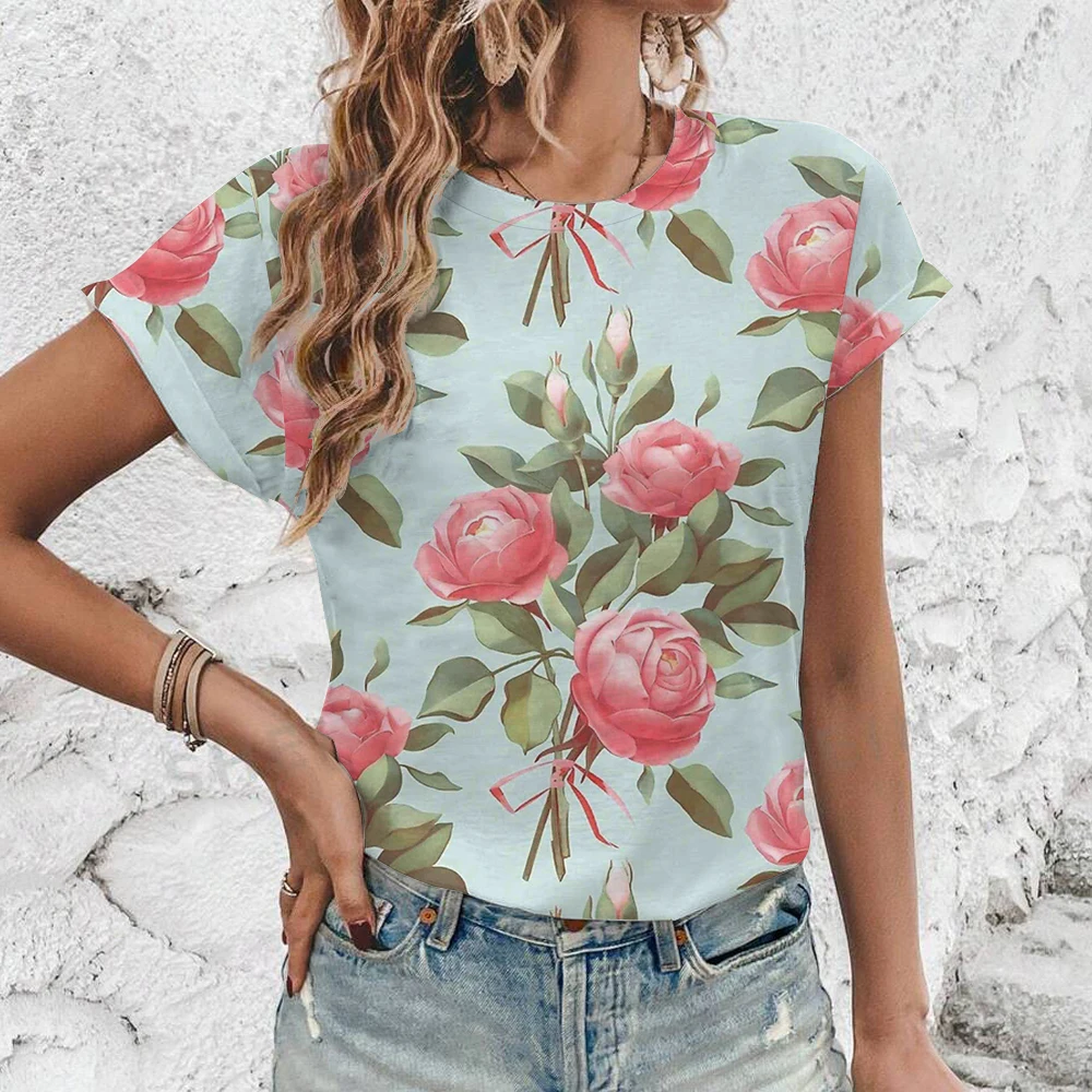 Elegant And Simple Fashion Women\'s T-shirt Summer Casual Loose Comfort O-Neck T-shirt Vintage Flower Print High Quality T-shirt