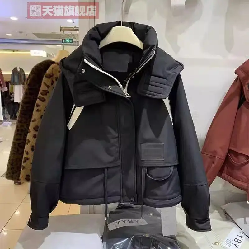 Women Winter New Loose Oceans Colorful Trendy Sweet Zipper Pocket Hooded Casual Warm Cotton Clothes Loose Simple Short Oceans