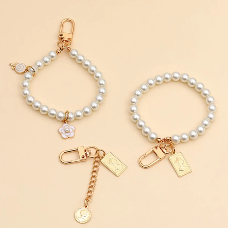 Vintage Korean Fashion Pearl Keychain Women Girl Gold Metal Chain Key Ring