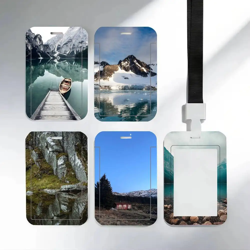 Scandinavian Nature Landscape ID Card Holder Cute PVC Badge Holder Cartoon Card Cover Student ID Bus Card Case With Clear Window