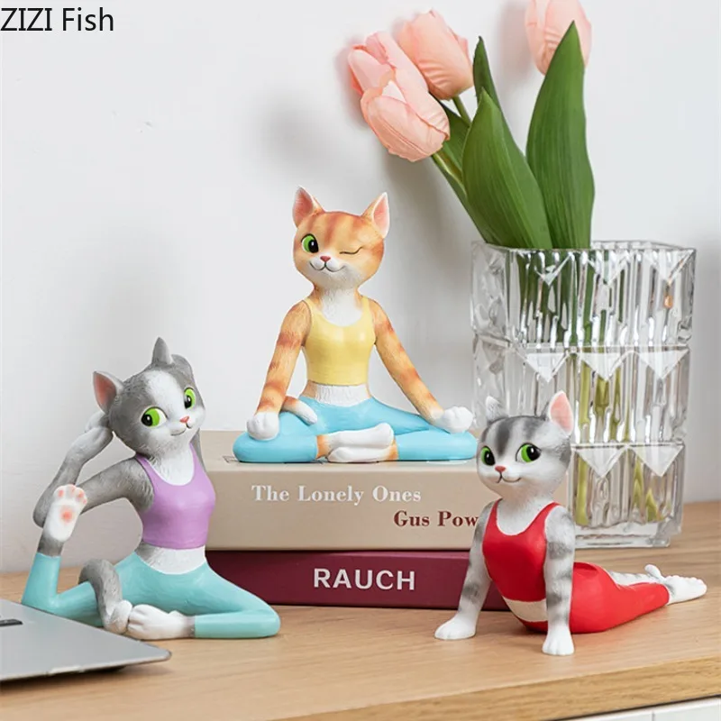 Yoga Cat Ornaments Resin Animal Sculpture Phone Holder Decoration Crafts Figurines Home Accessories Display Miniatures Gift