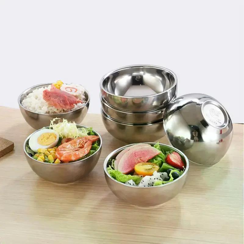 Threaded Rice Bowl Dough Round Soup Double Layer Insulated Ramen Bowls Home Tableware Kitchen Accessories Stainless Steel