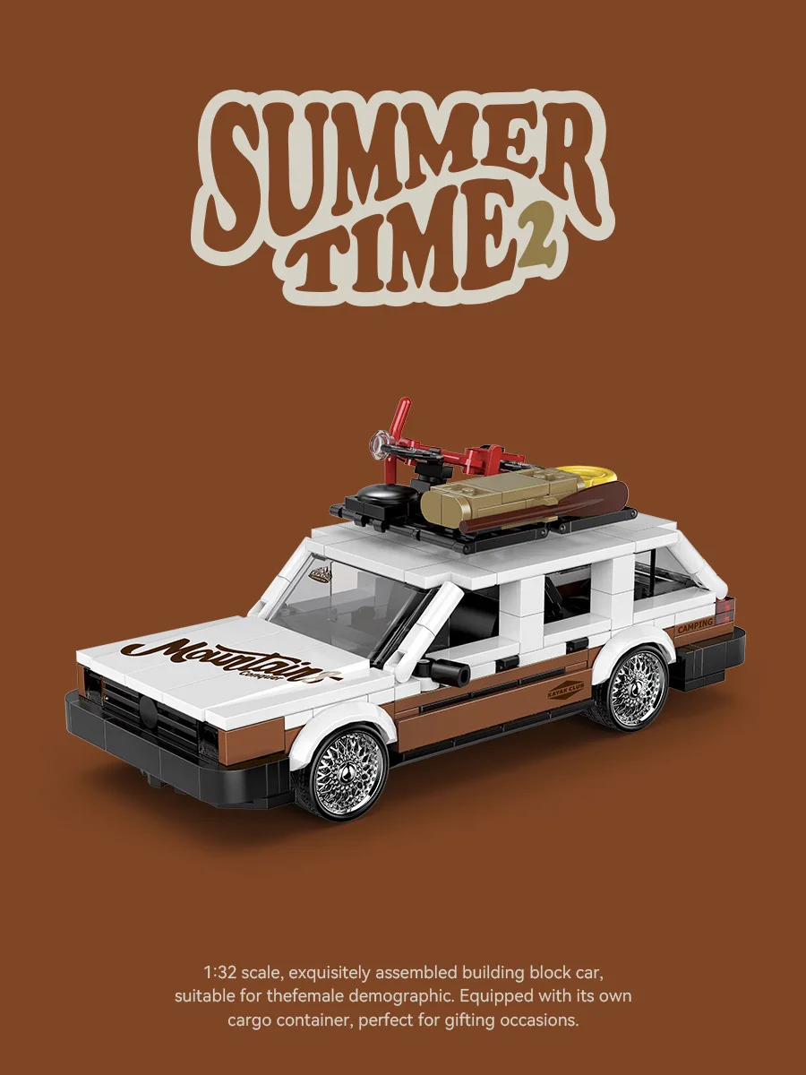 Moc retro station wagon blocos de construção conjunto clássico 1970s modelo sedan com painéis de madeira com vitrine carro vintage presentes de verão