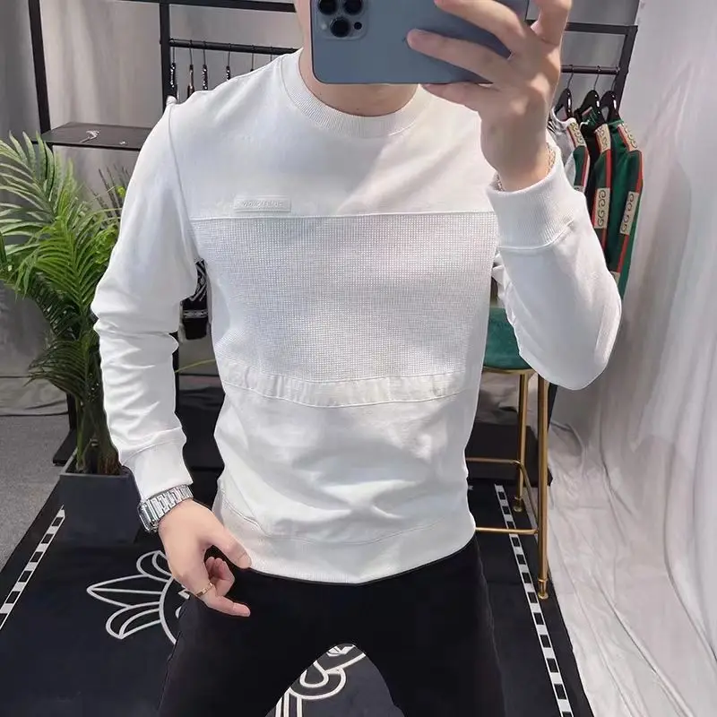 2024 Spring and Autumn New Splicing Men\'s Pullover O-Neck Minimalist Fashion Solid Color Loose and Versatile Long Sleeve Hoodies