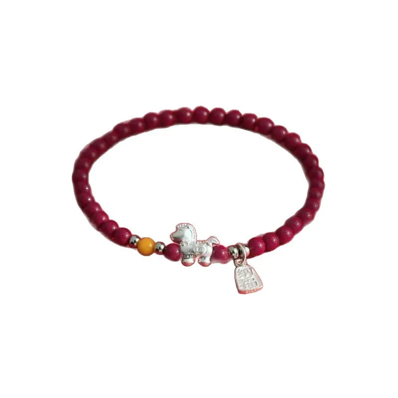 Chinese Style Natural Red Cinnabar Beaded Bracelet Year Of Horse Zodiac Pendant Lucky Blessing Wealth Fortune Good Luck Amulet