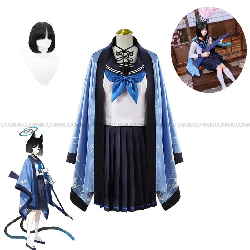 Anime Game Blue Archive Kikyo Cosplay Costume Kikyo Wig Blue Sailor School Uniform Cloak Shawl Woman Sexy Kawaii Halloween Suit